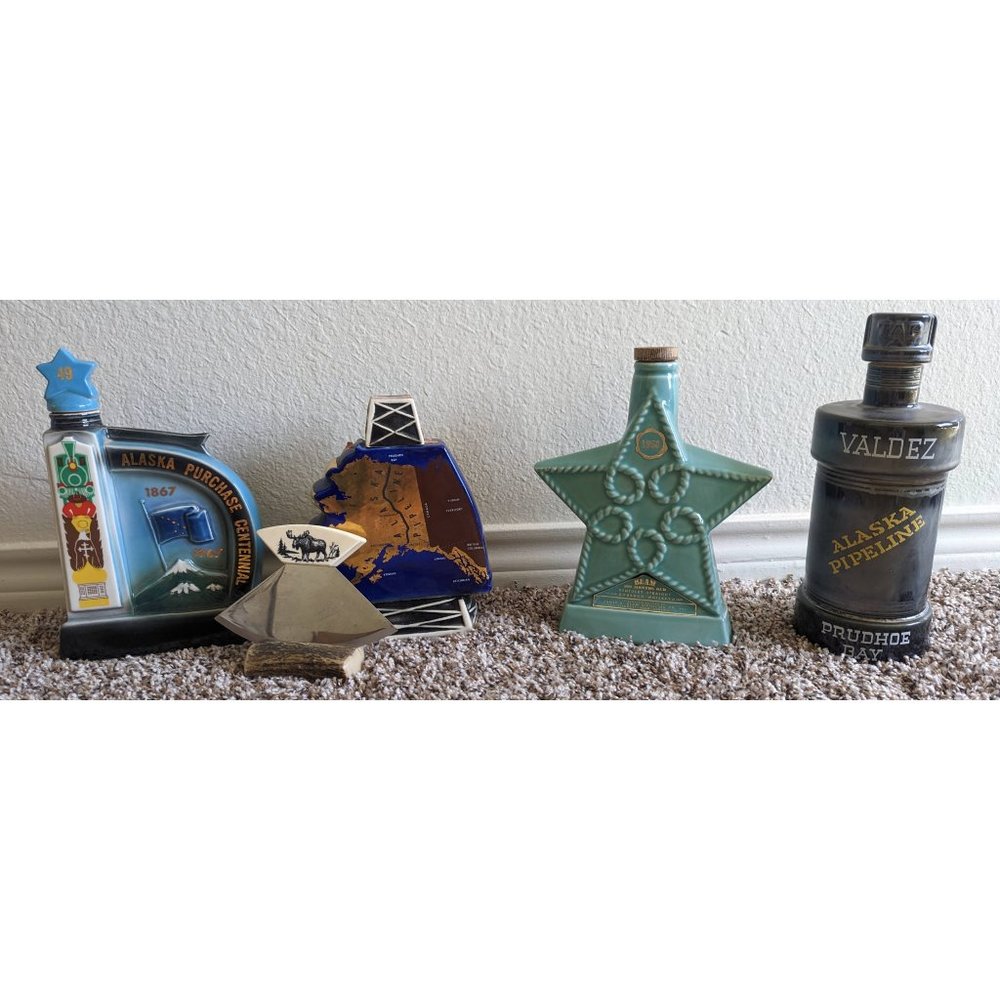 Vintage Alaska Pipeline Decanter Set with Original Ulu Knife